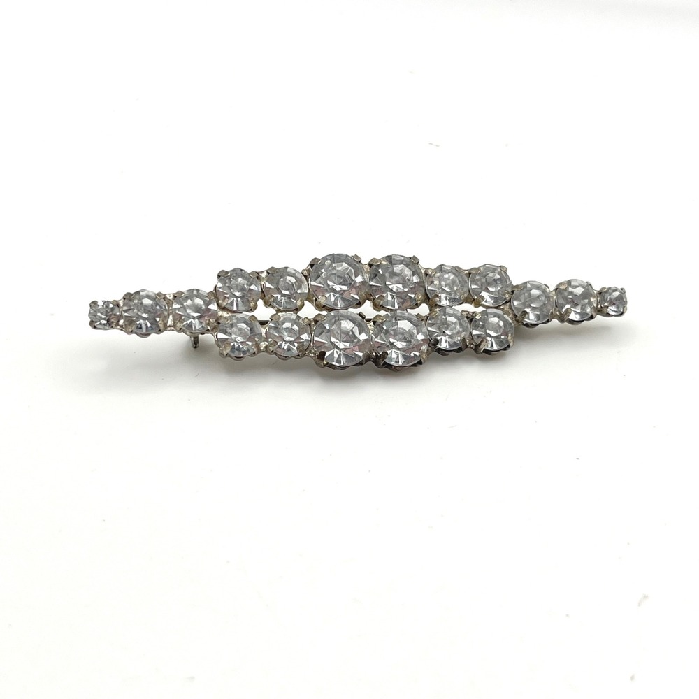 Vintage Rhinestone Bar Brooch Silver Tone Clear Crystal Prong Set Pin 3 Inch